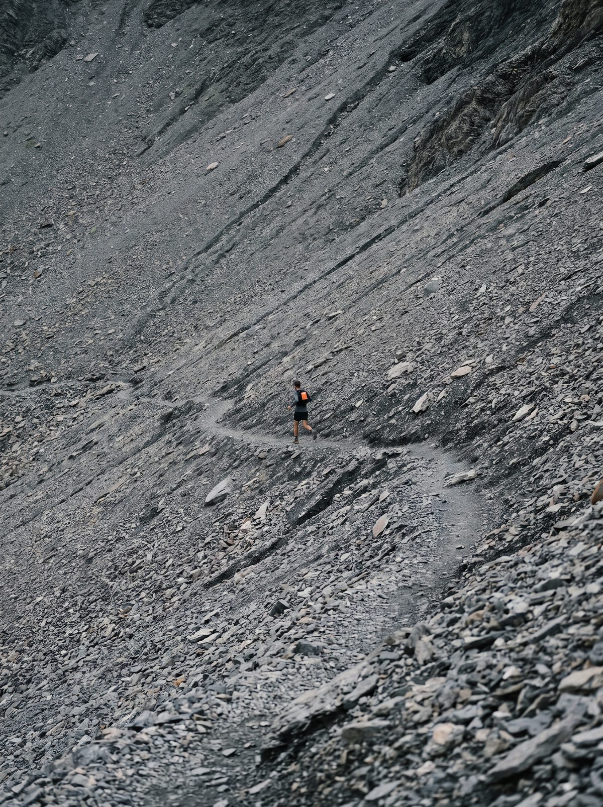 Trail runner on a technical path in a mountain forest